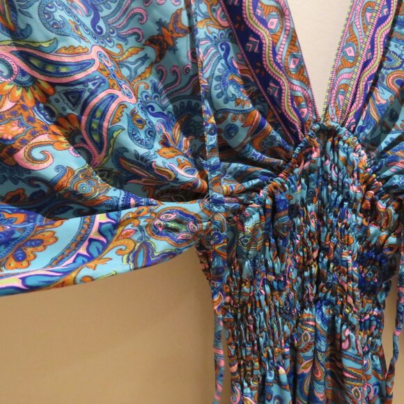 ADDICTIVE Silk Blend V Neck Smocked Paisley Boho Maxi Dress Balloon Sleeve - Picture 9 of 15